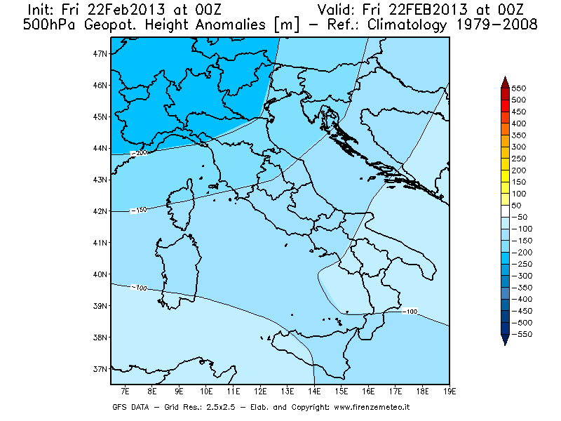 Mappa di analisi GFS - Anomalia di Geopotenziale a 500 hPa in Italia
							del 22/02/2013 00 <!--googleoff: index-->UTC<!--googleon: index-->