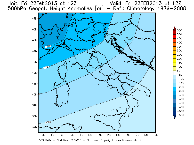 Mappa di analisi GFS - Anomalia di Geopotenziale a 500 hPa in Italia
							del 22/02/2013 12 <!--googleoff: index-->UTC<!--googleon: index-->