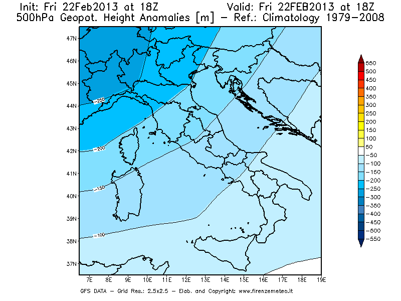 Mappa di analisi GFS - Anomalia di Geopotenziale a 500 hPa in Italia
							del 22/02/2013 18 <!--googleoff: index-->UTC<!--googleon: index-->