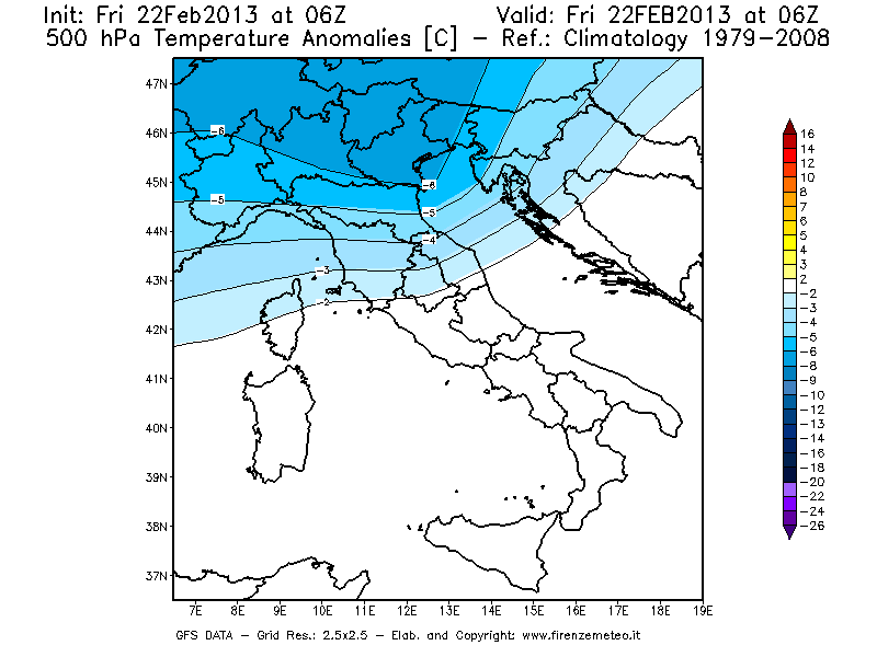 Mappa di analisi GFS - Anomalia Temperatura [°C] a 500 hPa in Italia
							del 22/02/2013 06 <!--googleoff: index-->UTC<!--googleon: index-->