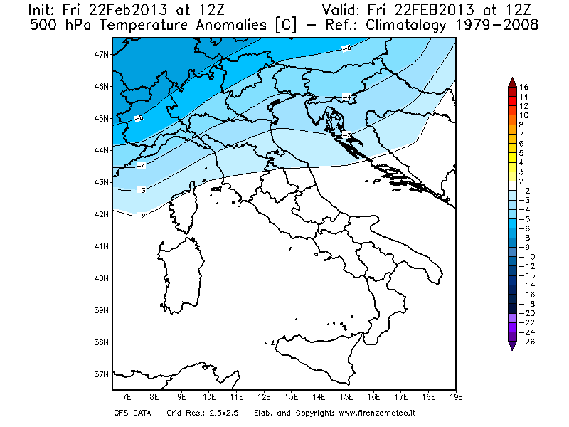 Mappa di analisi GFS - Anomalia Temperatura [°C] a 500 hPa in Italia
							del 22/02/2013 12 <!--googleoff: index-->UTC<!--googleon: index-->