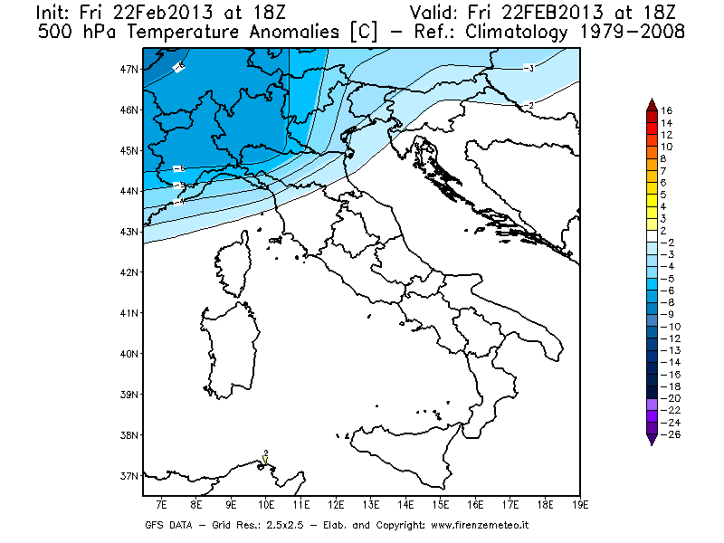 Mappa di analisi GFS - Anomalia Temperatura [°C] a 500 hPa in Italia
							del 22/02/2013 18 <!--googleoff: index-->UTC<!--googleon: index-->