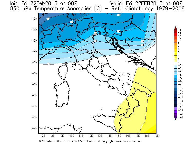 Mappa di analisi GFS - Anomalia Temperatura [°C] a 850 hPa in Italia
							del 22/02/2013 00 <!--googleoff: index-->UTC<!--googleon: index-->