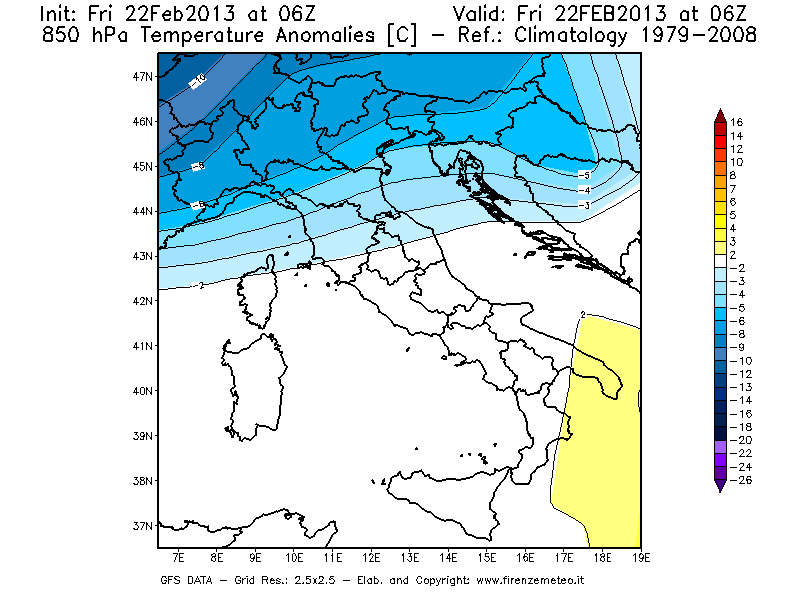 Mappa di analisi GFS - Anomalia Temperatura [°C] a 850 hPa in Italia
							del 22/02/2013 06 <!--googleoff: index-->UTC<!--googleon: index-->