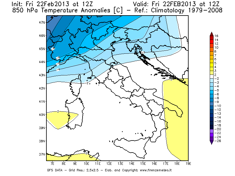 Mappa di analisi GFS - Anomalia Temperatura [°C] a 850 hPa in Italia
							del 22/02/2013 12 <!--googleoff: index-->UTC<!--googleon: index-->