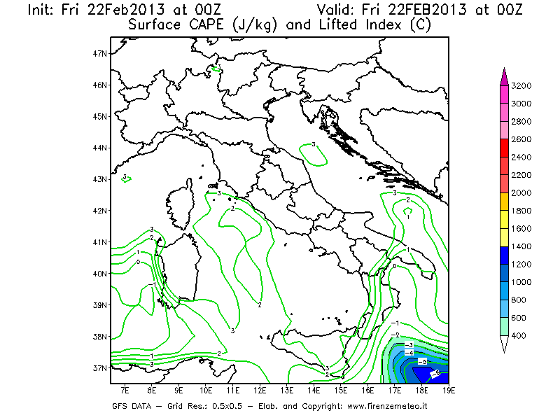 Mappa di analisi GFS - CAPE [J/kg] e Lifted Index [°C] in Italia
							del 22/02/2013 00 <!--googleoff: index-->UTC<!--googleon: index-->