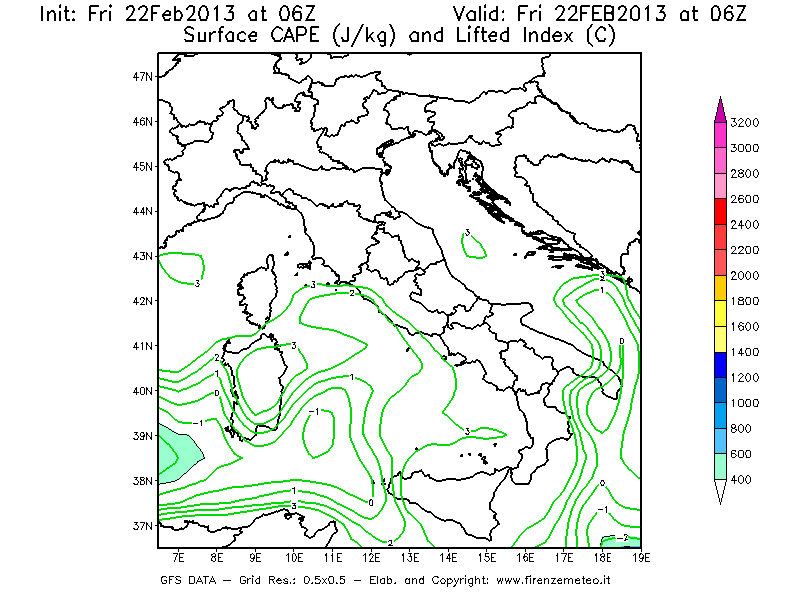 Mappa di analisi GFS - CAPE [J/kg] e Lifted Index [°C] in Italia
							del 22/02/2013 06 <!--googleoff: index-->UTC<!--googleon: index-->