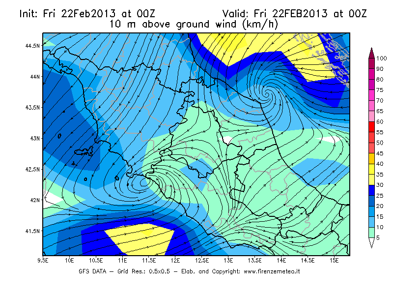 Mappa di analisi GFS - Velocità del vento a 10 metri dal suolo [km/h] in Centro-Italia
							del 22/02/2013 00 <!--googleoff: index-->UTC<!--googleon: index-->