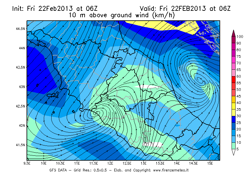 Mappa di analisi GFS - Velocità del vento a 10 metri dal suolo [km/h] in Centro-Italia
							del 22/02/2013 06 <!--googleoff: index-->UTC<!--googleon: index-->