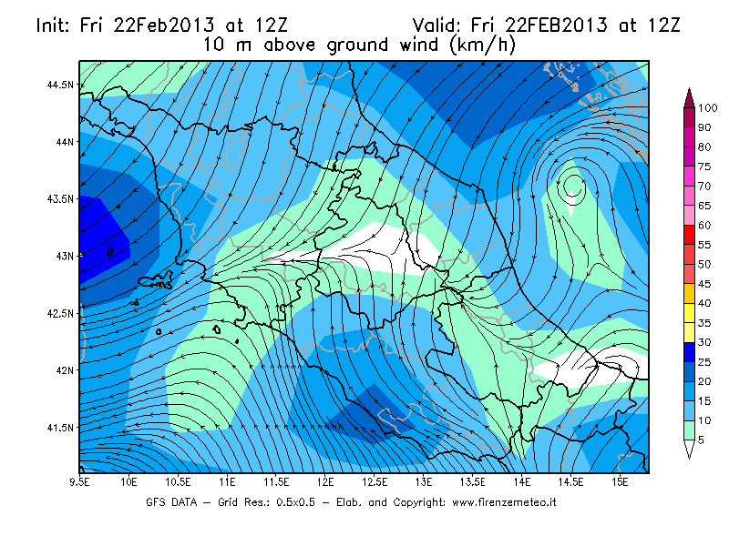 Mappa di analisi GFS - Velocità del vento a 10 metri dal suolo [km/h] in Centro-Italia
							del 22/02/2013 12 <!--googleoff: index-->UTC<!--googleon: index-->