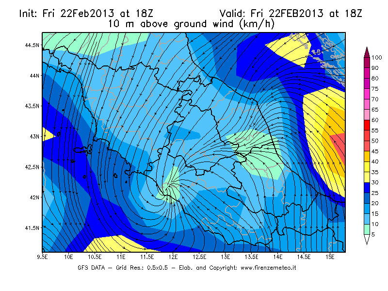 Mappa di analisi GFS - Velocità del vento a 10 metri dal suolo [km/h] in Centro-Italia
							del 22/02/2013 18 <!--googleoff: index-->UTC<!--googleon: index-->