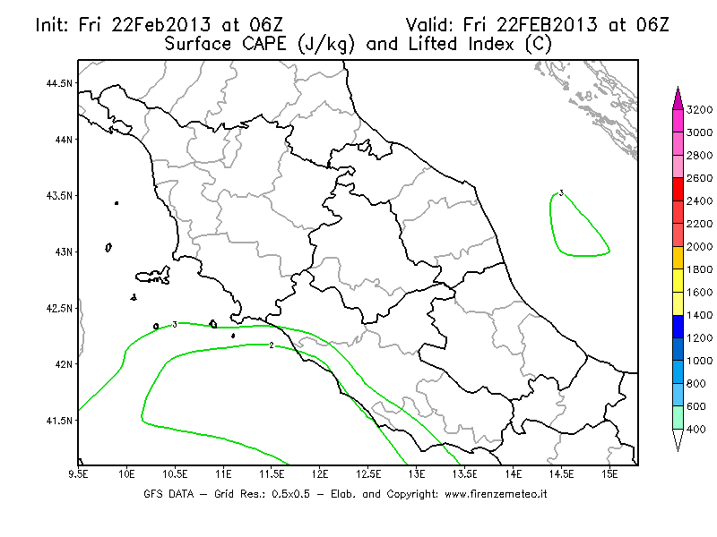 Mappa di analisi GFS - CAPE [J/kg] e Lifted Index [°C] in Centro-Italia
							del 22/02/2013 06 <!--googleoff: index-->UTC<!--googleon: index-->