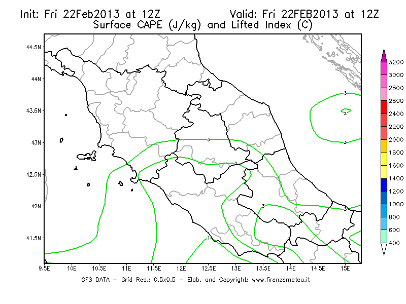 Mappa di analisi GFS - CAPE [J/kg] e Lifted Index [°C] in Centro-Italia
							del 22/02/2013 12 <!--googleoff: index-->UTC<!--googleon: index-->