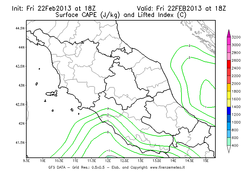 Mappa di analisi GFS - CAPE [J/kg] e Lifted Index [°C] in Centro-Italia
							del 22/02/2013 18 <!--googleoff: index-->UTC<!--googleon: index-->