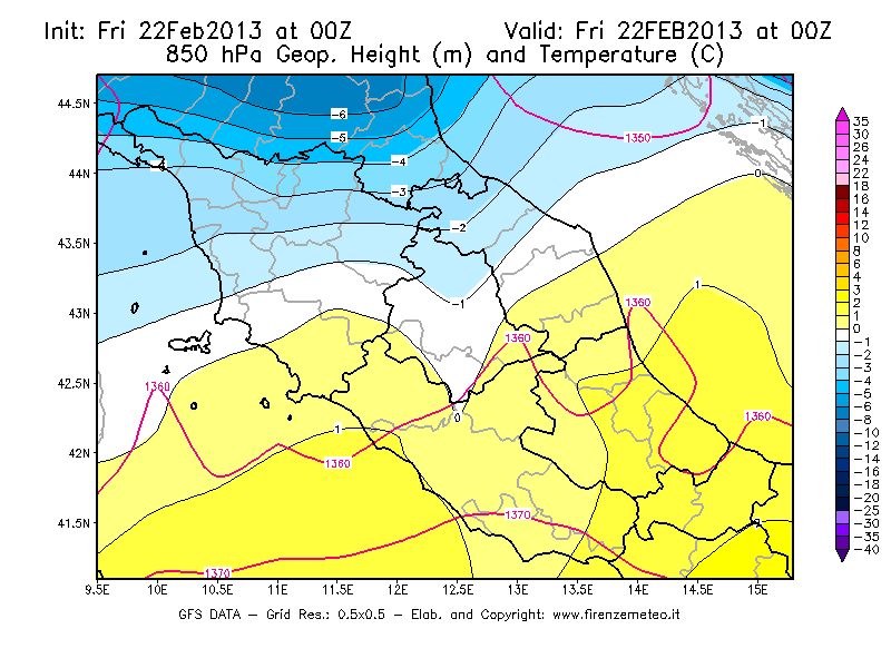 Mappa di analisi GFS - Geopotenziale [m] e Temperatura [°C] a 850 hPa in Centro-Italia
							del 22/02/2013 00 <!--googleoff: index-->UTC<!--googleon: index-->