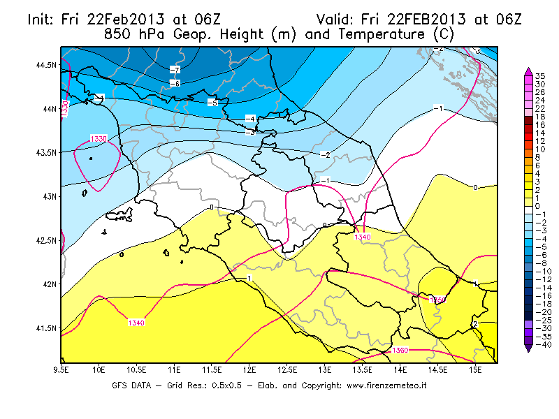 Mappa di analisi GFS - Geopotenziale [m] e Temperatura [°C] a 850 hPa in Centro-Italia
							del 22/02/2013 06 <!--googleoff: index-->UTC<!--googleon: index-->