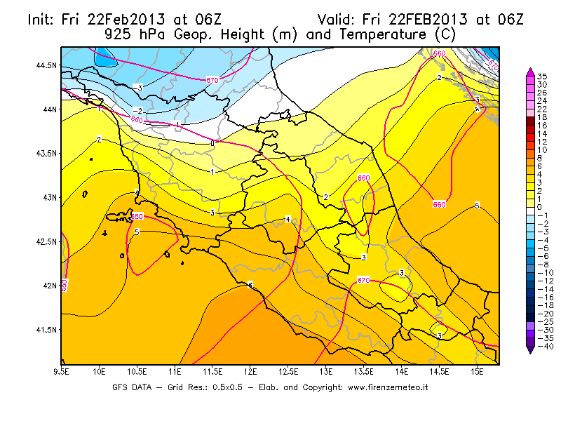 Mappa di analisi GFS - Geopotenziale [m] e Temperatura [°C] a 925 hPa in Centro-Italia
							del 22/02/2013 06 <!--googleoff: index-->UTC<!--googleon: index-->