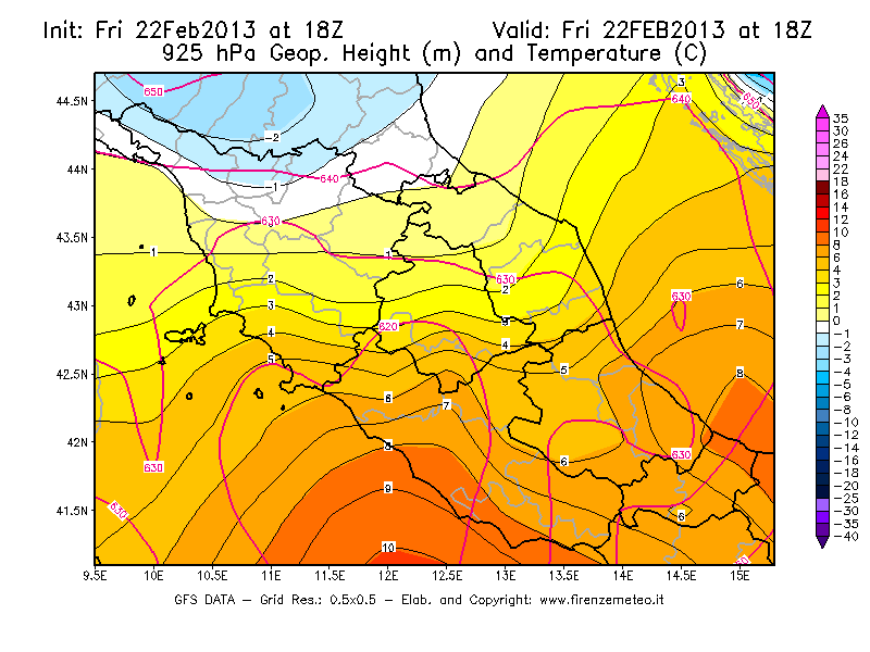 Mappa di analisi GFS - Geopotenziale [m] e Temperatura [°C] a 925 hPa in Centro-Italia
							del 22/02/2013 18 <!--googleoff: index-->UTC<!--googleon: index-->