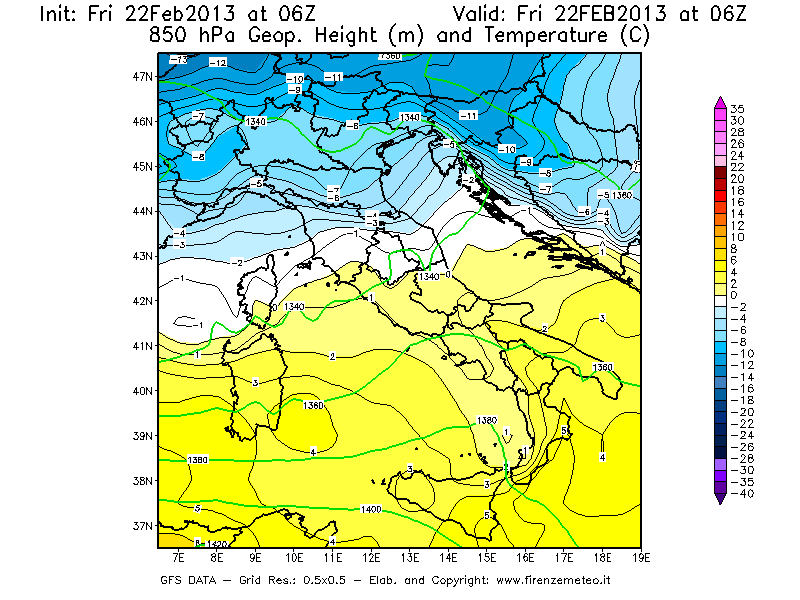 Mappa di analisi GFS - Geopotenziale [m] e Temperatura [°C] a 850 hPa in Italia
							del 22/02/2013 06 <!--googleoff: index-->UTC<!--googleon: index-->