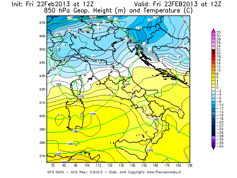 Mappa di analisi GFS - Geopotenziale [m] e Temperatura [°C] a 850 hPa in Italia
							del 22/02/2013 12 <!--googleoff: index-->UTC<!--googleon: index-->