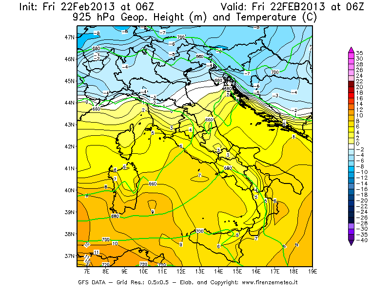 Mappa di analisi GFS - Geopotenziale [m] e Temperatura [°C] a 925 hPa in Italia
							del 22/02/2013 06 <!--googleoff: index-->UTC<!--googleon: index-->