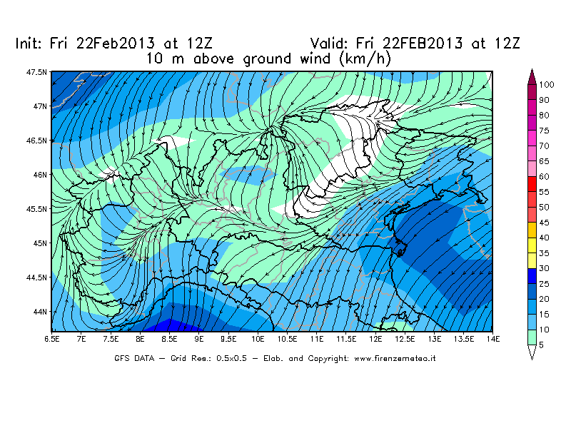 Mappa di analisi GFS - Velocità del vento a 10 metri dal suolo [km/h] in Nord-Italia
							del 22/02/2013 12 <!--googleoff: index-->UTC<!--googleon: index-->