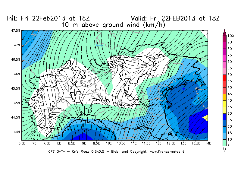 Mappa di analisi GFS - Velocità del vento a 10 metri dal suolo [km/h] in Nord-Italia
							del 22/02/2013 18 <!--googleoff: index-->UTC<!--googleon: index-->