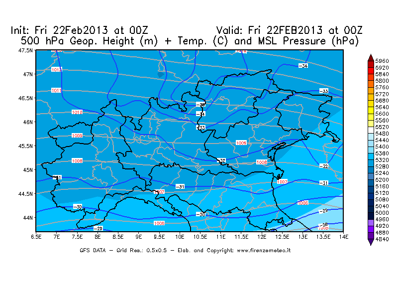 Mappa di analisi GFS - Geopotenziale [m] + Temp. [°C] a 500 hPa + Press. a livello del mare [hPa] in Nord-Italia
							del 22/02/2013 00 <!--googleoff: index-->UTC<!--googleon: index-->