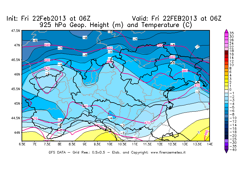 Mappa di analisi GFS - Geopotenziale [m] e Temperatura [°C] a 925 hPa in Nord-Italia
							del 22/02/2013 06 <!--googleoff: index-->UTC<!--googleon: index-->