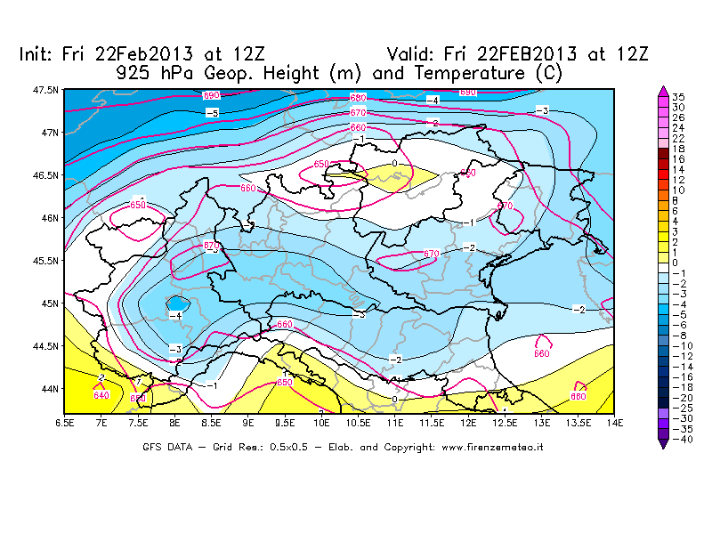 Mappa di analisi GFS - Geopotenziale [m] e Temperatura [°C] a 925 hPa in Nord-Italia
							del 22/02/2013 12 <!--googleoff: index-->UTC<!--googleon: index-->