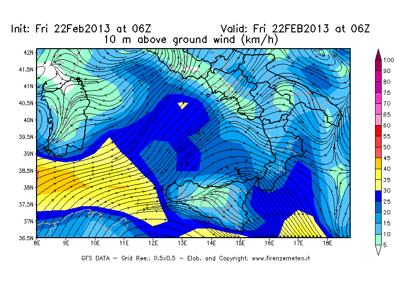 Mappa di analisi GFS - Velocità del vento a 10 metri dal suolo [km/h] in Sud-Italia
							del 22/02/2013 06 <!--googleoff: index-->UTC<!--googleon: index-->