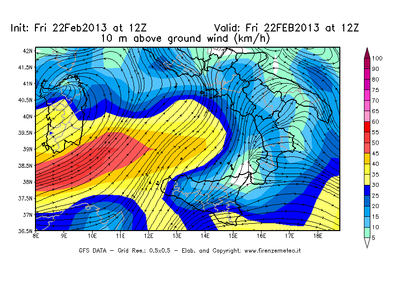 Mappa di analisi GFS - Velocità del vento a 10 metri dal suolo [km/h] in Sud-Italia
							del 22/02/2013 12 <!--googleoff: index-->UTC<!--googleon: index-->
