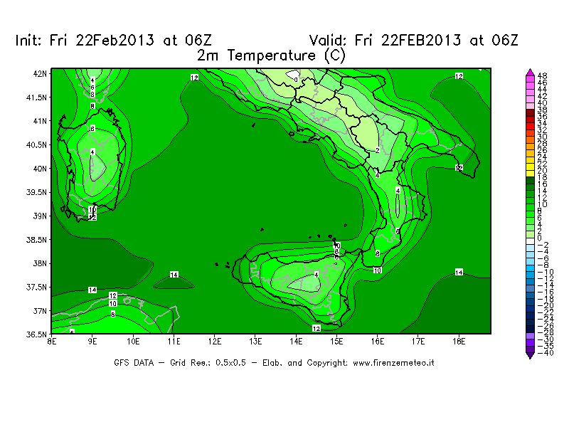 Mappa di analisi GFS - Temperatura a 2 metri dal suolo [°C] in Sud-Italia
							del 22/02/2013 06 <!--googleoff: index-->UTC<!--googleon: index-->