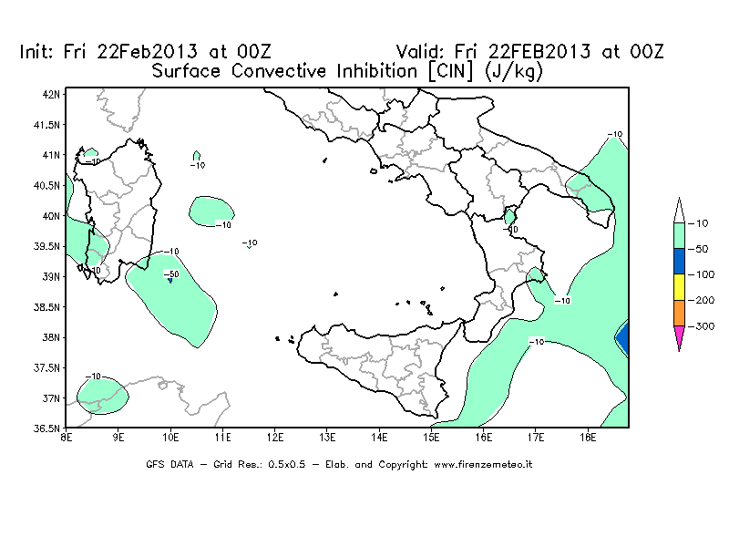Mappa di analisi GFS - CIN [J/kg] in Sud-Italia
							del 22/02/2013 00 <!--googleoff: index-->UTC<!--googleon: index-->
