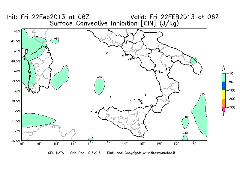 Mappa di analisi GFS - CIN [J/kg] in Sud-Italia
							del 22/02/2013 06 <!--googleoff: index-->UTC<!--googleon: index-->