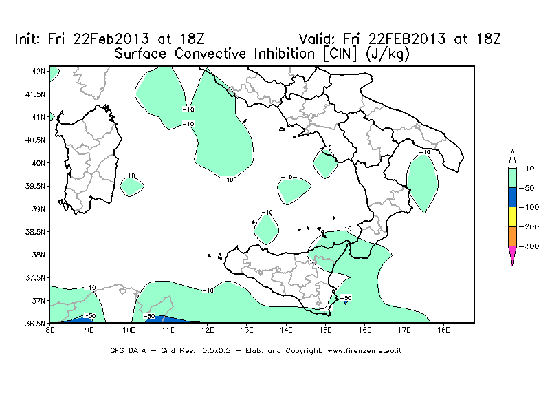 Mappa di analisi GFS - CIN [J/kg] in Sud-Italia
							del 22/02/2013 18 <!--googleoff: index-->UTC<!--googleon: index-->