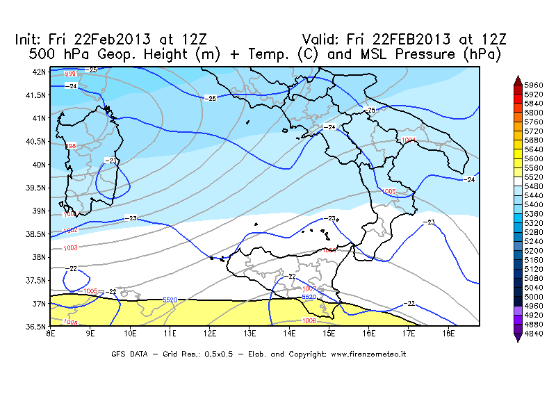 Mappa di analisi GFS - Geopotenziale [m] + Temp. [°C] a 500 hPa + Press. a livello del mare [hPa] in Sud-Italia
							del 22/02/2013 12 <!--googleoff: index-->UTC<!--googleon: index-->