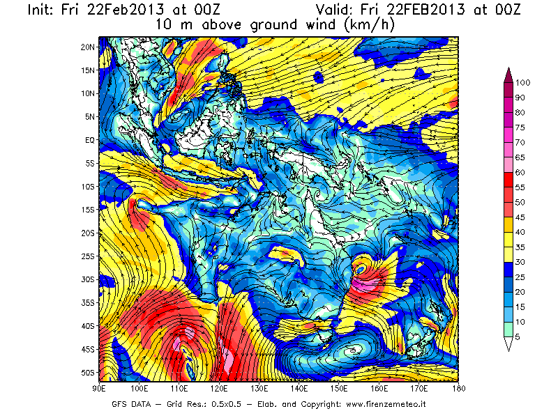 Mappa di analisi GFS - Velocità del vento a 10 metri dal suolo [km/h] in Oceania
							del 22/02/2013 00 <!--googleoff: index-->UTC<!--googleon: index-->