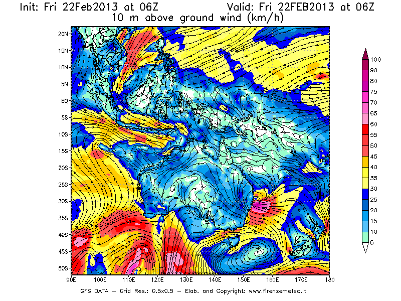 Mappa di analisi GFS - Velocità del vento a 10 metri dal suolo [km/h] in Oceania
							del 22/02/2013 06 <!--googleoff: index-->UTC<!--googleon: index-->