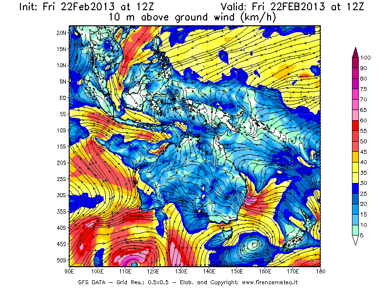 Mappa di analisi GFS - Velocità del vento a 10 metri dal suolo [km/h] in Oceania
							del 22/02/2013 12 <!--googleoff: index-->UTC<!--googleon: index-->