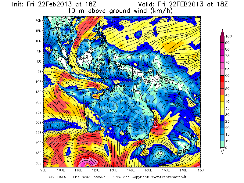 Mappa di analisi GFS - Velocità del vento a 10 metri dal suolo [km/h] in Oceania
							del 22/02/2013 18 <!--googleoff: index-->UTC<!--googleon: index-->