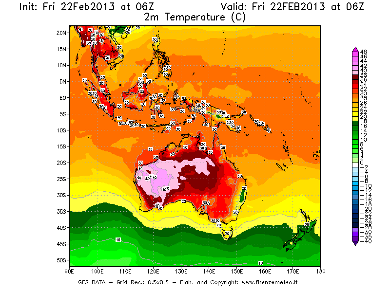 Mappa di analisi GFS - Temperatura a 2 metri dal suolo [°C] in Oceania
							del 22/02/2013 06 <!--googleoff: index-->UTC<!--googleon: index-->