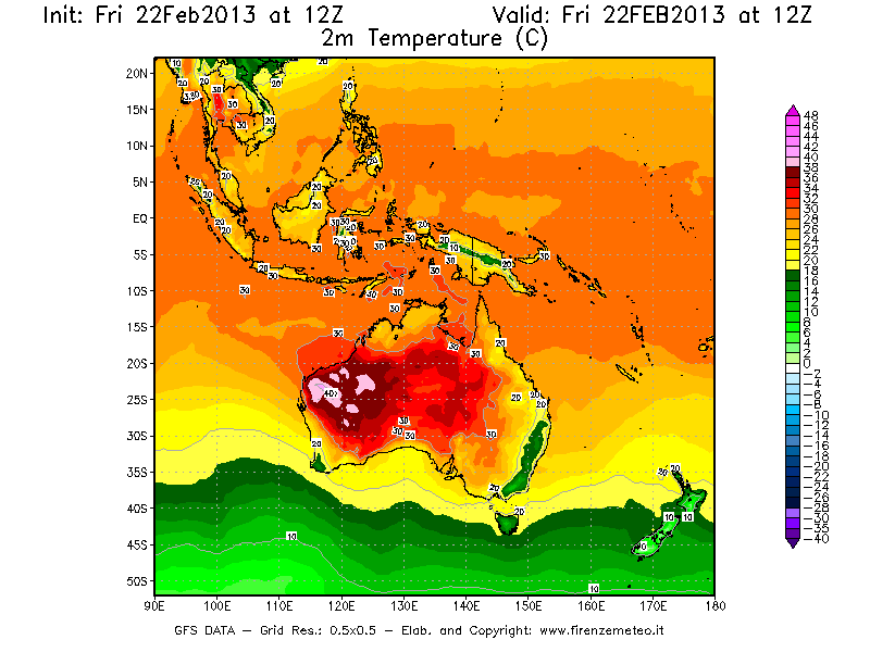 Mappa di analisi GFS - Temperatura a 2 metri dal suolo [°C] in Oceania
							del 22/02/2013 12 <!--googleoff: index-->UTC<!--googleon: index-->