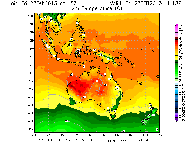 Mappa di analisi GFS - Temperatura a 2 metri dal suolo [°C] in Oceania
							del 22/02/2013 18 <!--googleoff: index-->UTC<!--googleon: index-->