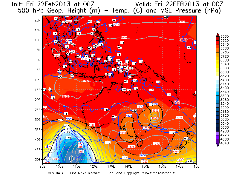 Mappa di analisi GFS - Geopotenziale [m] + Temp. [°C] a 500 hPa + Press. a livello del mare [hPa] in Oceania
							del 22/02/2013 00 <!--googleoff: index-->UTC<!--googleon: index-->