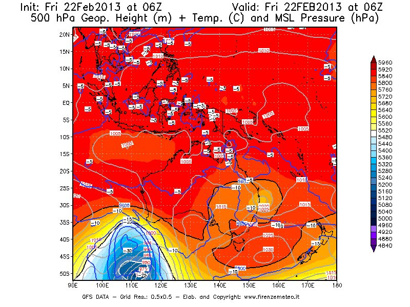 Mappa di analisi GFS - Geopotenziale [m] + Temp. [°C] a 500 hPa + Press. a livello del mare [hPa] in Oceania
							del 22/02/2013 06 <!--googleoff: index-->UTC<!--googleon: index-->