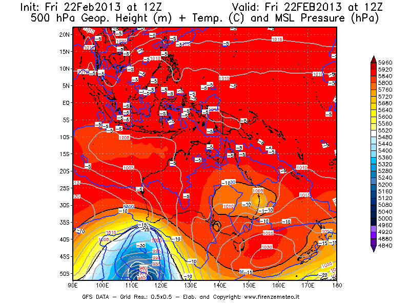 Mappa di analisi GFS - Geopotenziale [m] + Temp. [°C] a 500 hPa + Press. a livello del mare [hPa] in Oceania
							del 22/02/2013 12 <!--googleoff: index-->UTC<!--googleon: index-->