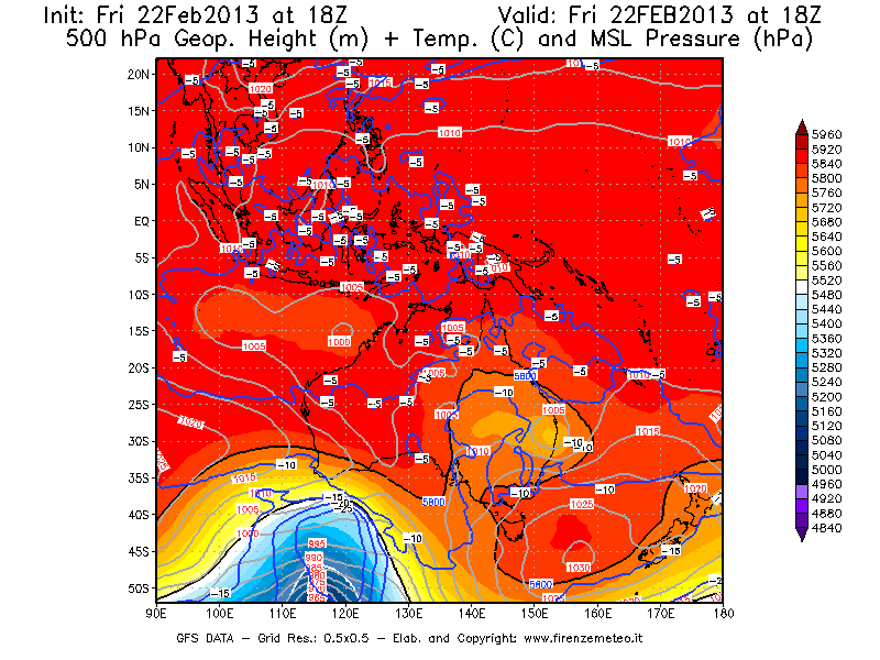 Mappa di analisi GFS - Geopotenziale [m] + Temp. [°C] a 500 hPa + Press. a livello del mare [hPa] in Oceania
							del 22/02/2013 18 <!--googleoff: index-->UTC<!--googleon: index-->