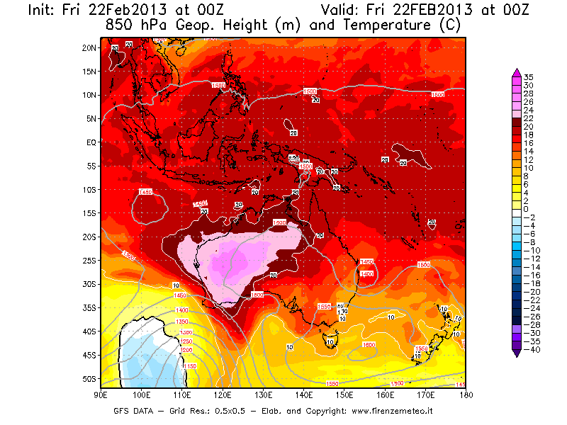 Mappa di analisi GFS - Geopotenziale [m] e Temperatura [°C] a 850 hPa in Oceania
							del 22/02/2013 00 <!--googleoff: index-->UTC<!--googleon: index-->