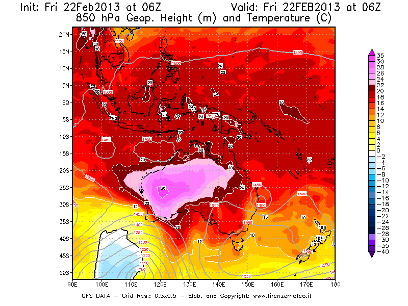 Mappa di analisi GFS - Geopotenziale [m] e Temperatura [°C] a 850 hPa in Oceania
							del 22/02/2013 06 <!--googleoff: index-->UTC<!--googleon: index-->